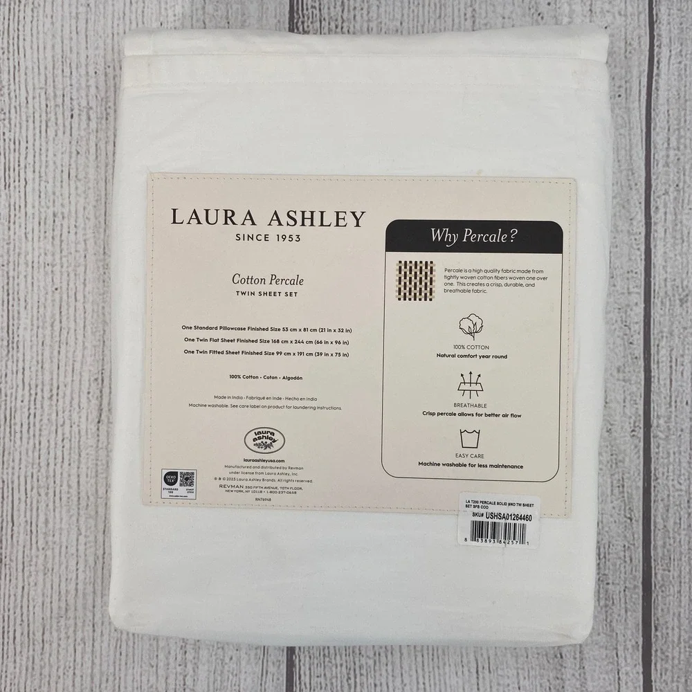 Laura Ashley Sheet Set Twin White Cotton Percale Solid 200TC Crisp Minimalist